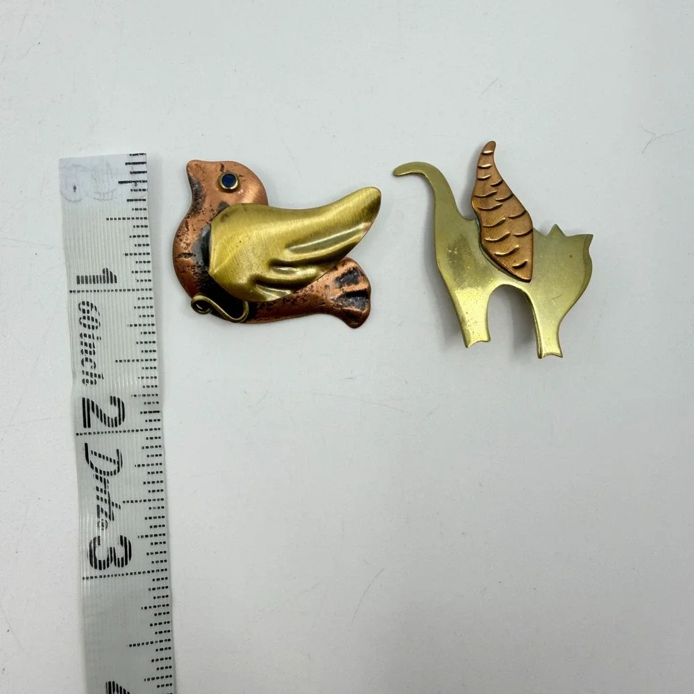 Lot of 4 Brass & Copper Tone Animal Brooch Pin Moose Cat Bird Folk Art Christmas